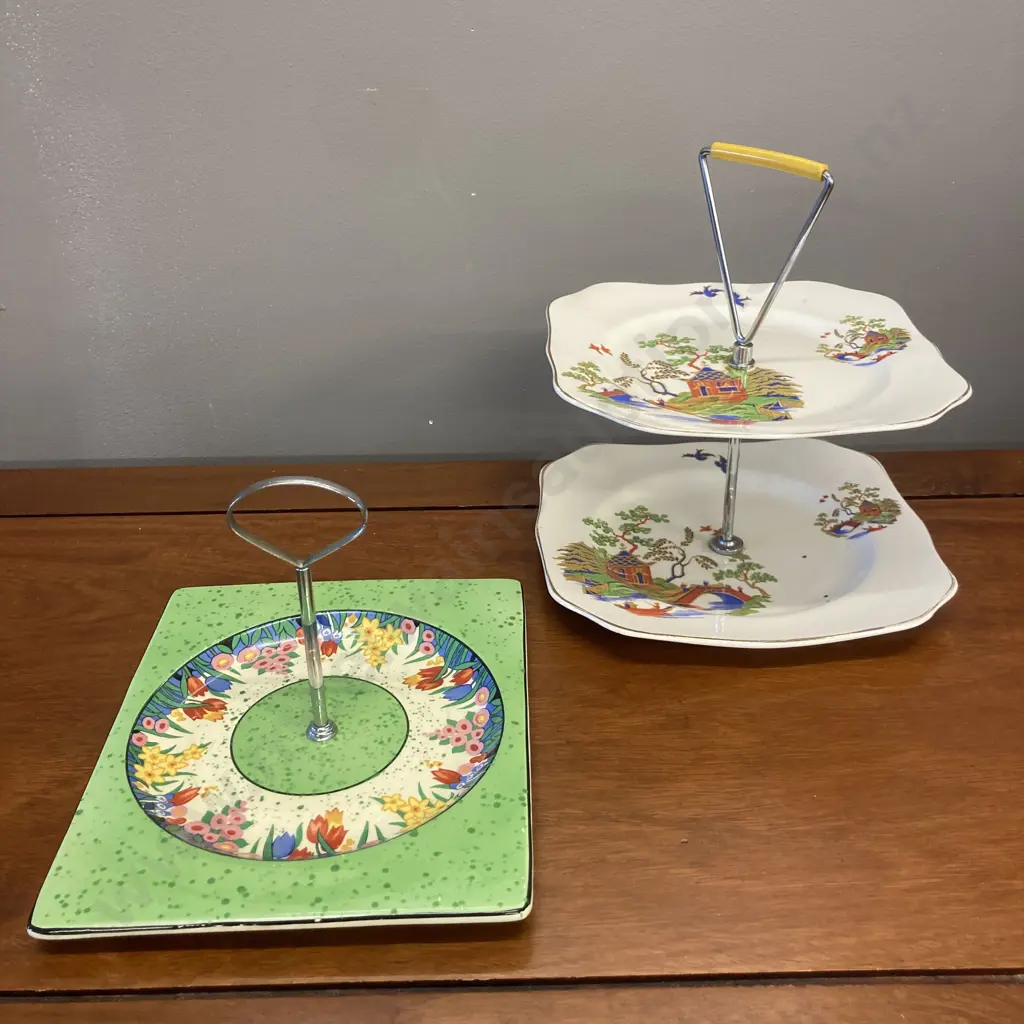 Vintage Solian Ware Soho Pottery Gaudy Willow 2 Tier China Cake Stand & "The Biarritz" Royal Staffordshire Cake Plate Image 1++